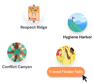 Learning modules including Respect Ridge, Hygiene Harbor, Conflict Canyon, and Friend Finder Falls