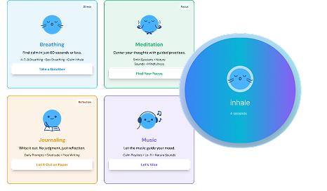 Quick tools including breathing, meditation, journaling, and music with inhale button